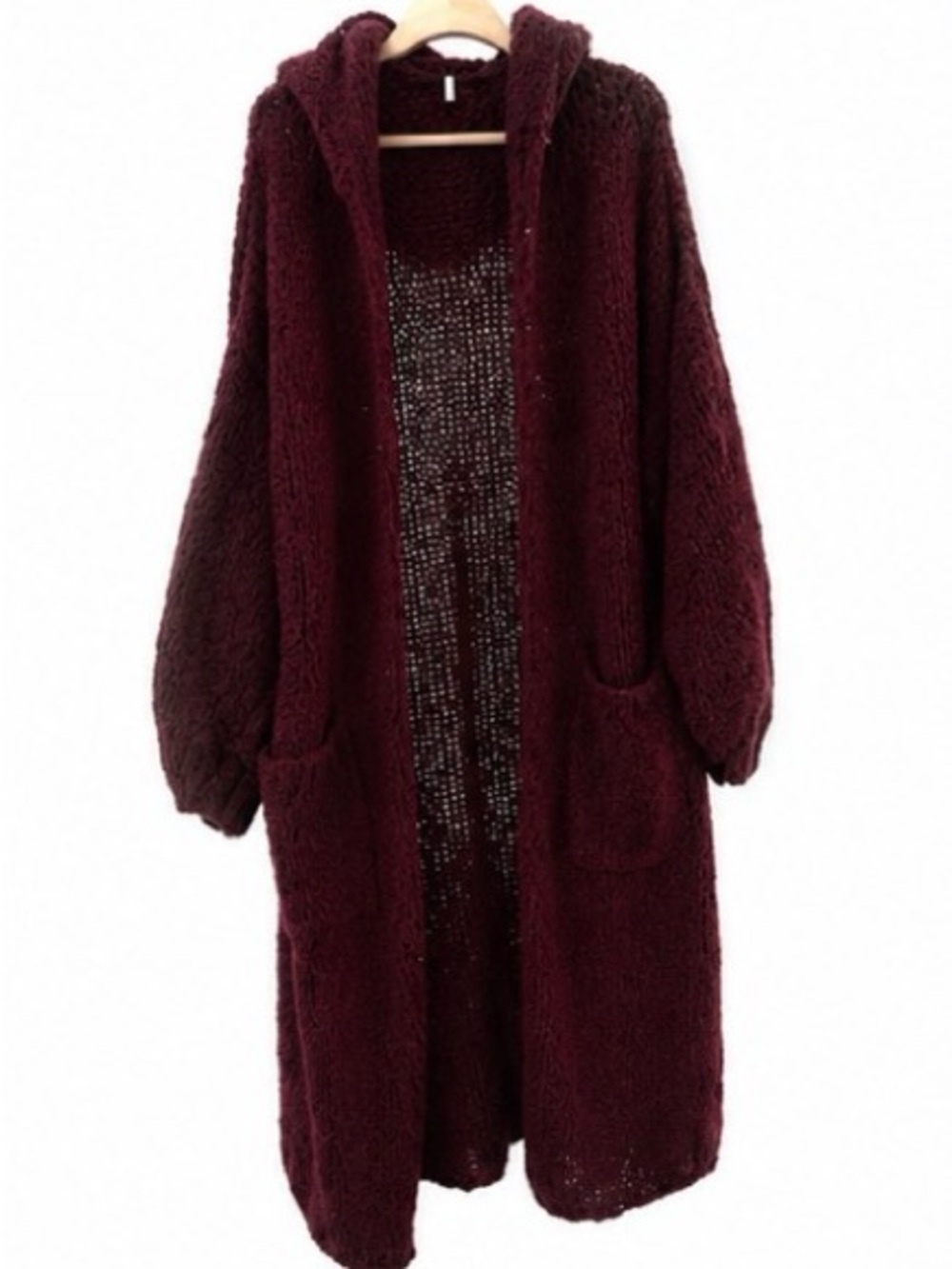 Free People Hooded Long Cardigan in Deep Burgundy